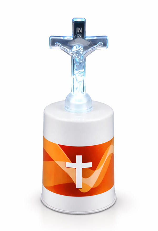 Candela alba cu led si cruce transparenta