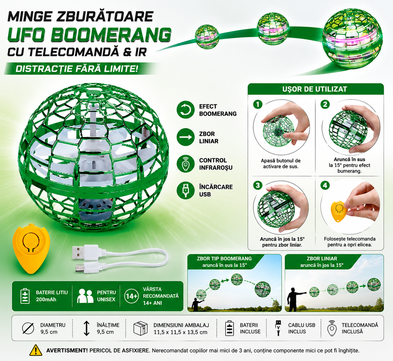 Minge Zburătoare UFO Boomerang Verde cu Telecomandă