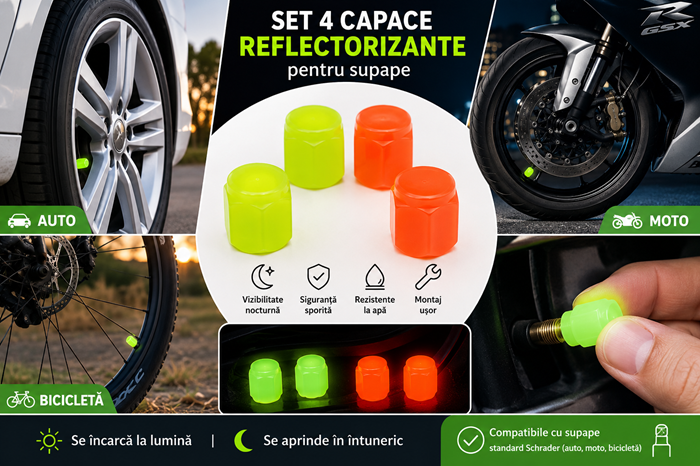 Set 4 Capace Reflectorizante Fluorescente pentru Supape